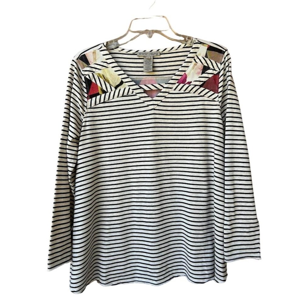 Sharon Young Long Sleeve Top Medium Striped V-Neck With Floral Patchwork Design